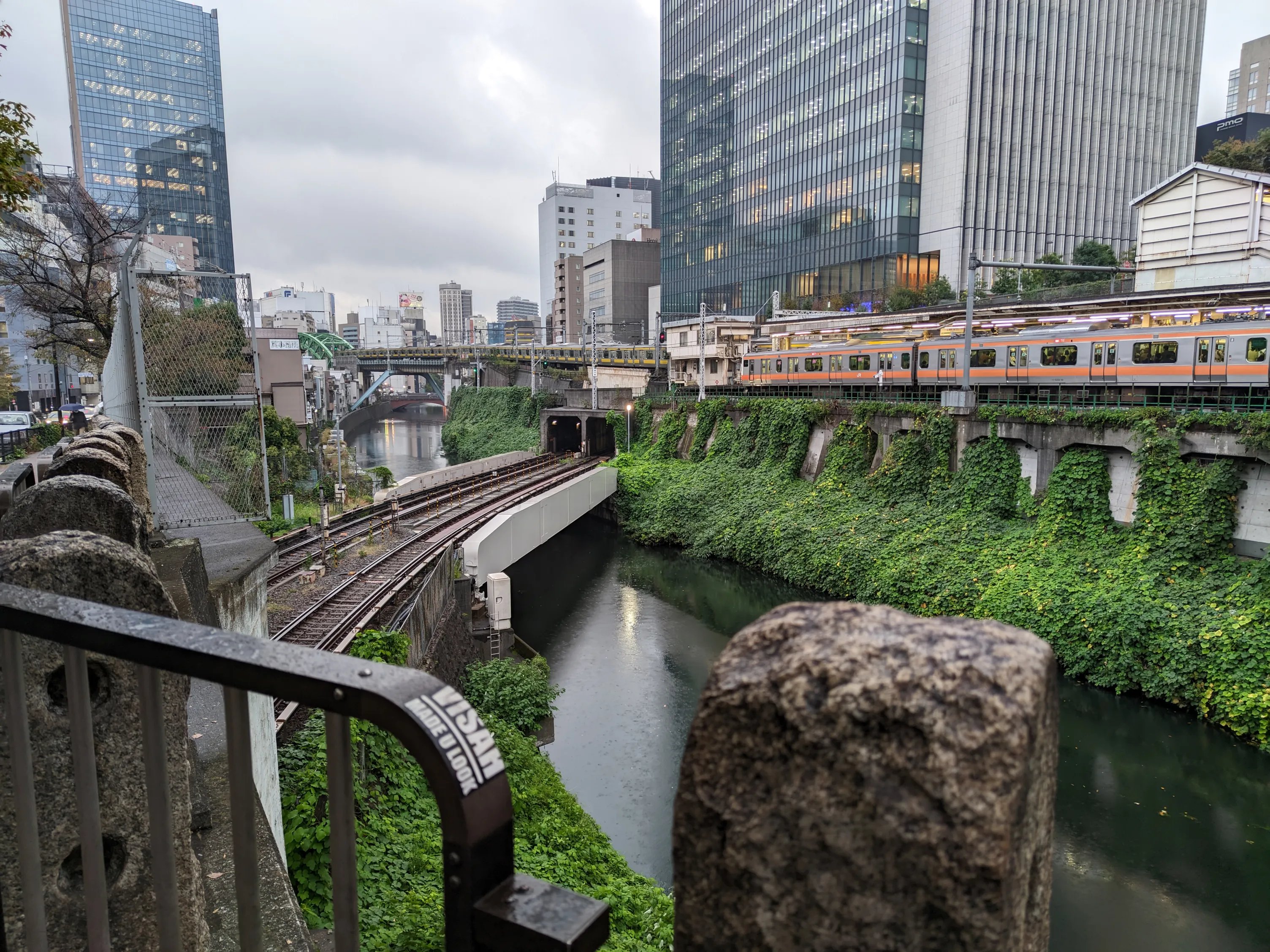 お茶の水・聖橋付近から見た神田川と鉄道の都市景観。ツタに覆われた高架線路を走るJR中央線快速電車と、その背後に広がる高層ビル群。